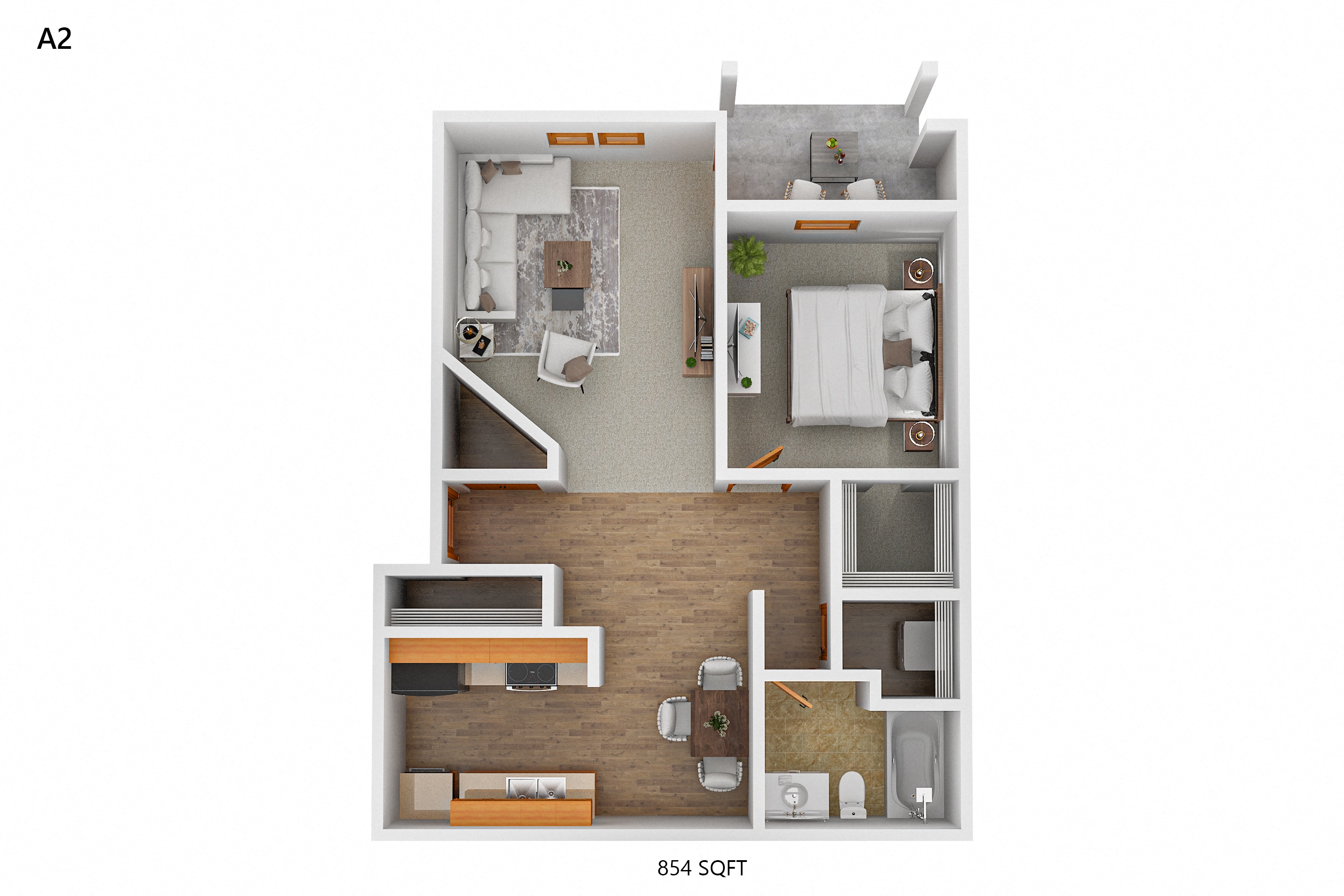 Floor plan for 1 bed, 1 bath, 854 sqft
